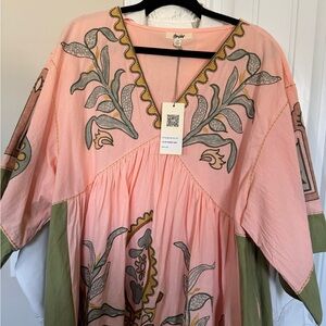 Blue velvet salmon and jade Embroidered Dress with pockets.